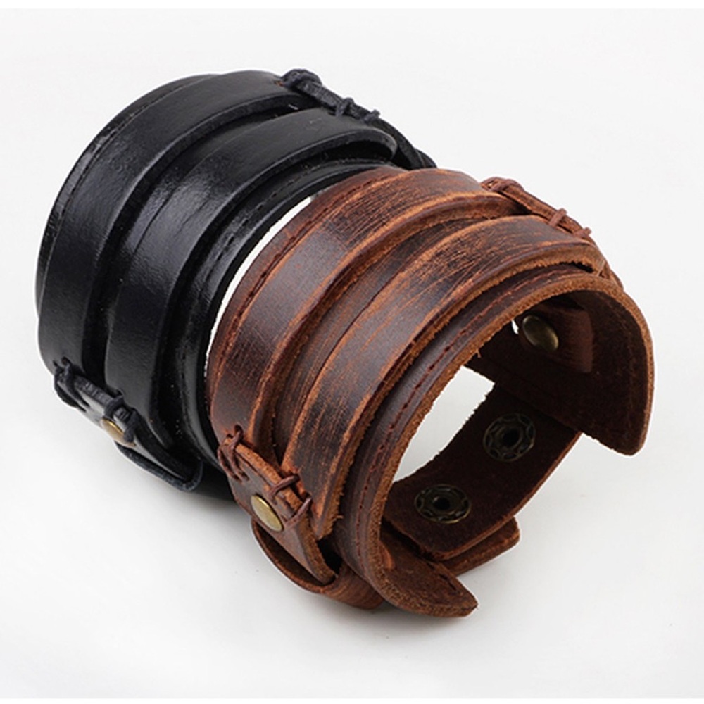 Men’s Chunky Punk Rock Leather Wide Cuff Wristband Bracelet Snap Straps Brown - Picture 8 of 10